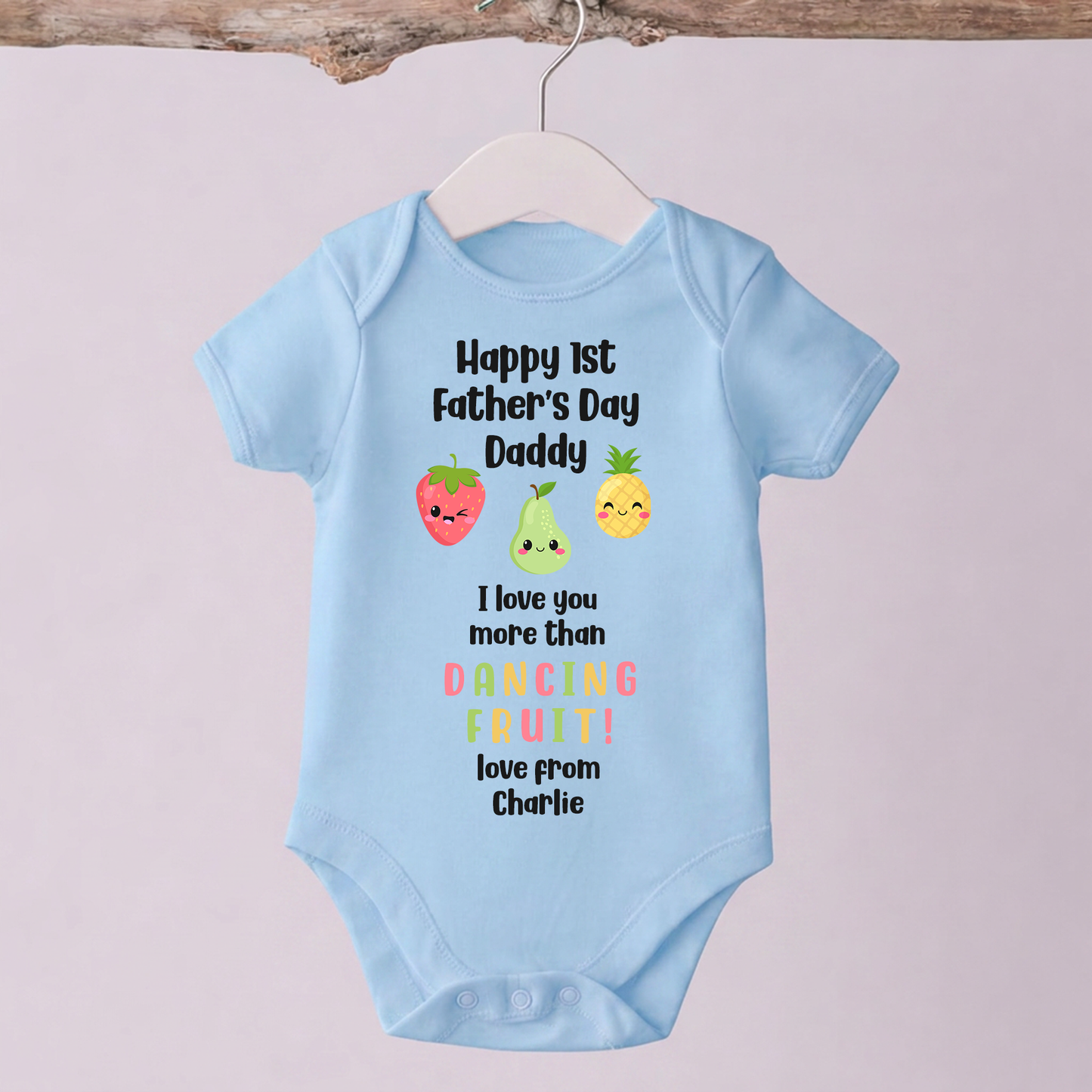Personalised 1st Father's Day - I love you more than Dancing Fruit Daddy Baby Vest/Sleepsuit - Blue or Pink