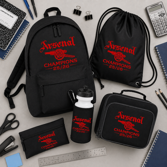 Back to School Champions Style - Backpack Lunch Box Water Bottle - Arsenal Set