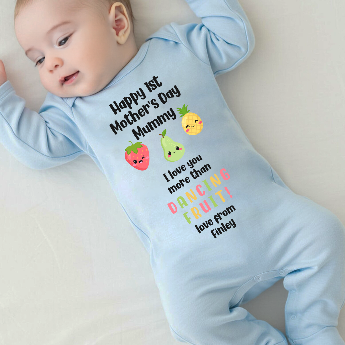 Personalised 1st Mother's Day - I love you more than Dancing Fruit Mummy Baby Vest/Sleepsuit  - Blue or Pink