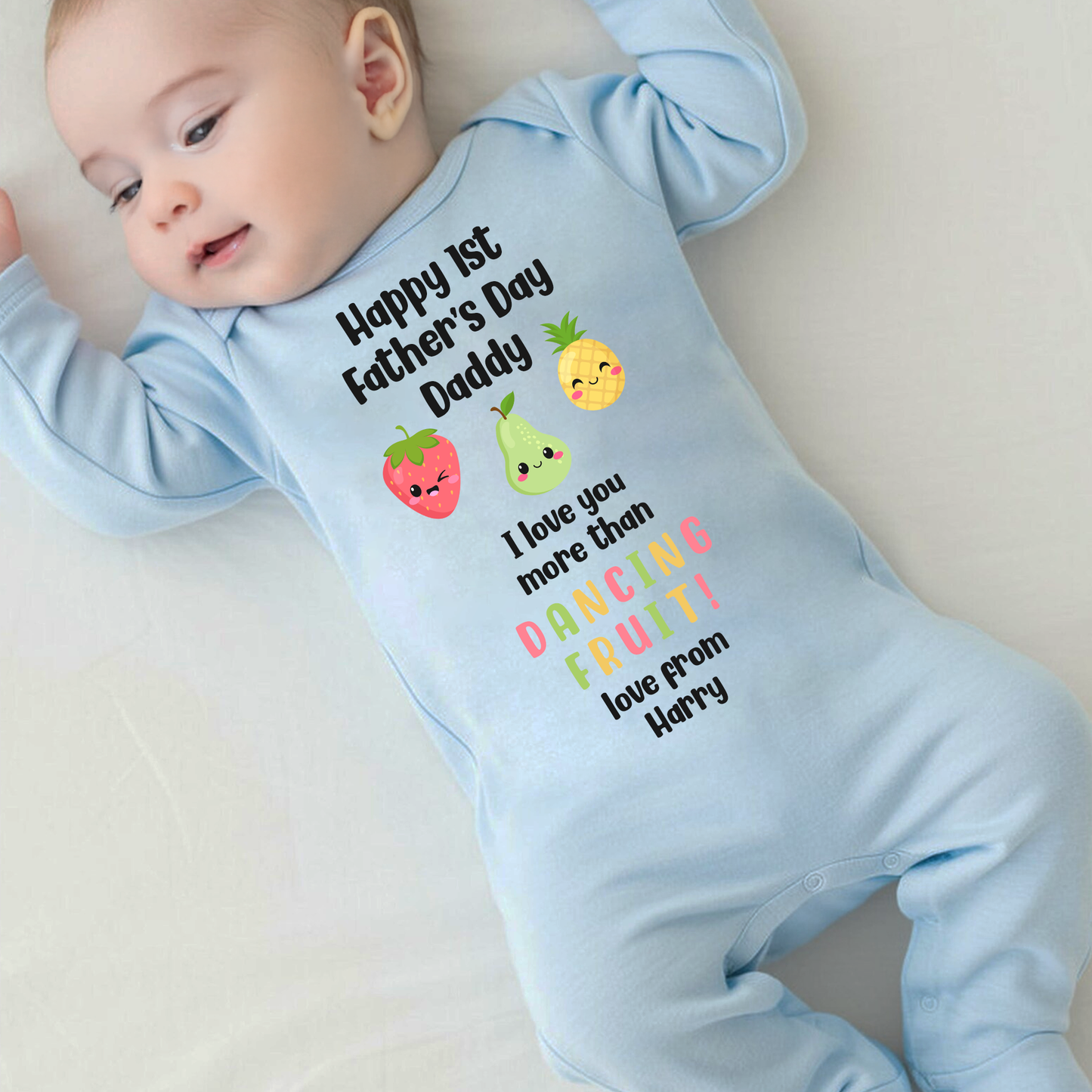Personalised 1st Father's Day - I love you more than Dancing Fruit Daddy Baby Vest/Sleepsuit  - Blue or Pink