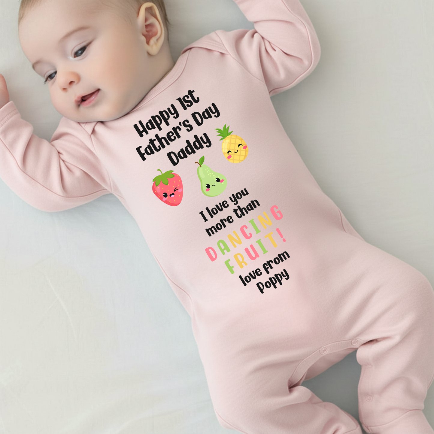 Personalised 1st Father's Day - I love you more than Dancing Fruit Daddy Baby Vest/Sleepsuit  - Blue or Pink