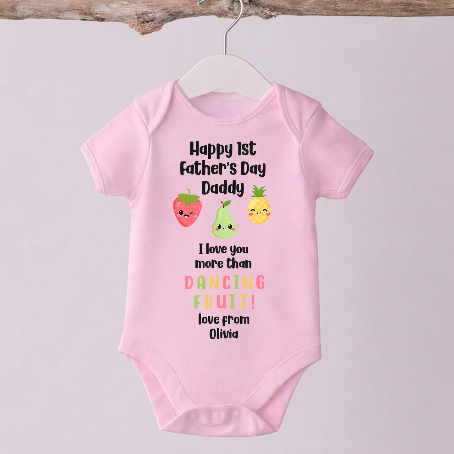 Personalised 1st Father's Day - I love you more than Dancing Fruit Daddy Baby Vest/Sleepsuit  - Blue or Pink