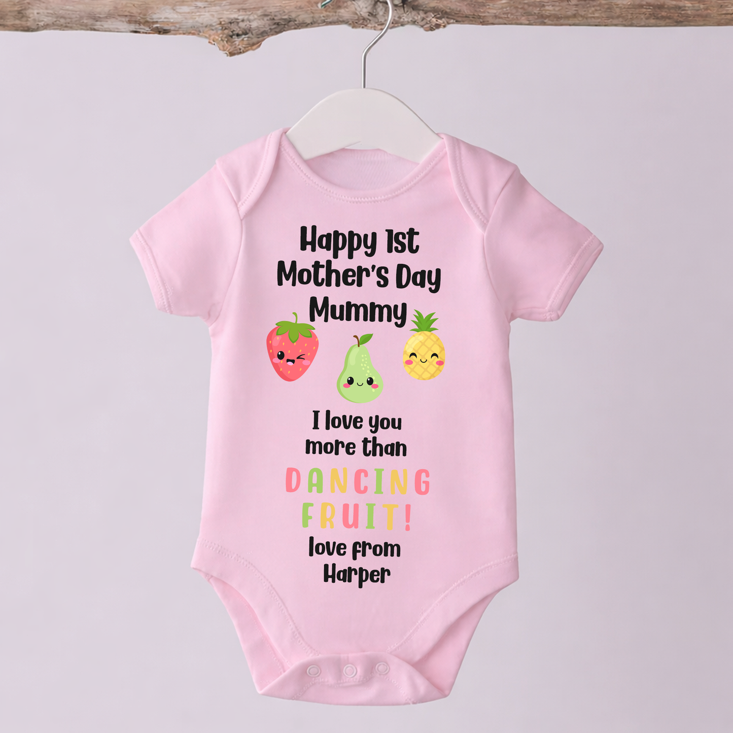 Personalised 1st Mother's Day - I love you more than Dancing Fruit Mummy Baby Vest/Sleepsuit  - Blue or Pink