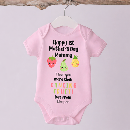 Personalised 1st Mother's Day - I love you more than Dancing Fruit Mummy Baby Vest/Sleepsuit  - Blue or Pink