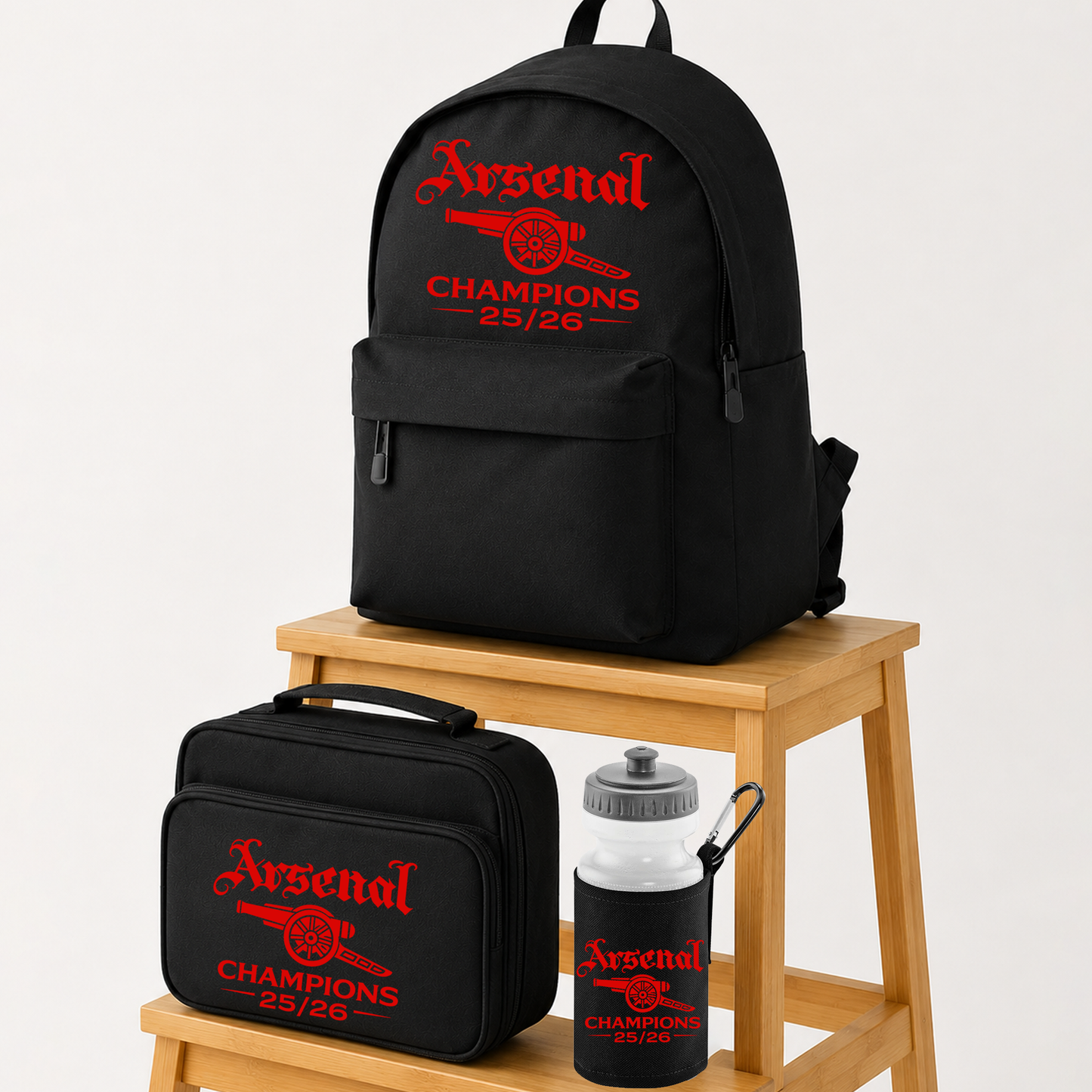 Back to School Champions Style - Backpack Lunch Box Water Bottle - Arsenal Set