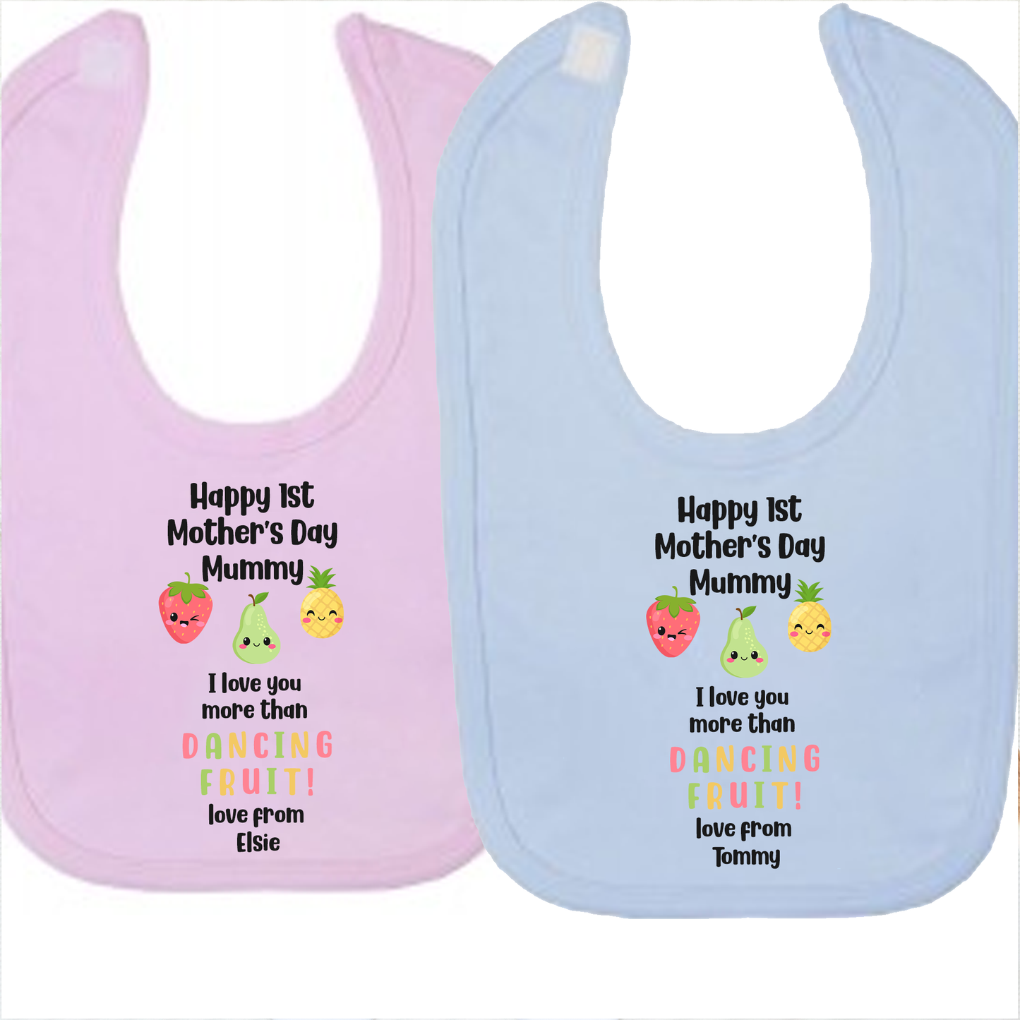 Personalised 1st Mother's Day - I love you more than Dancing Fruit Mummy Baby Vest/Sleepsuit  - Blue or Pink