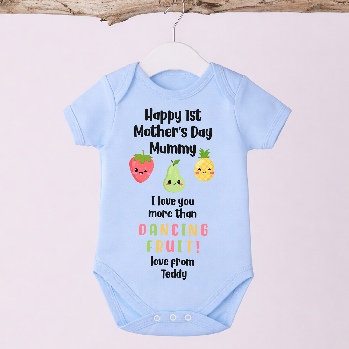 Personalised 1st Mother's Day - I love you more than Dancing Fruit Mummy Baby Vest/Sleepsuit  - Blue or Pink
