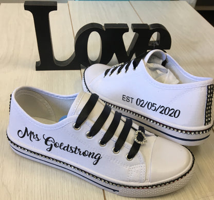 Personalised  Glitter and Rhinestone  canvas wedding shoes/pumps for black/silver themes