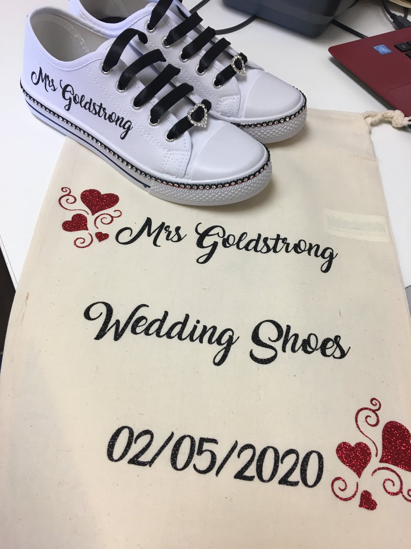 Personalised  Glitter and Rhinestone  canvas wedding shoes/pumps for black/silver themes