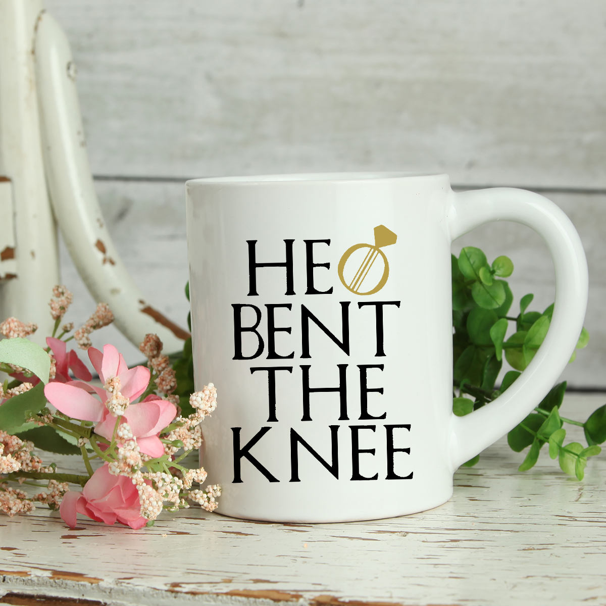 He bent the knee, funny engagement.... wedding mug/wedding present