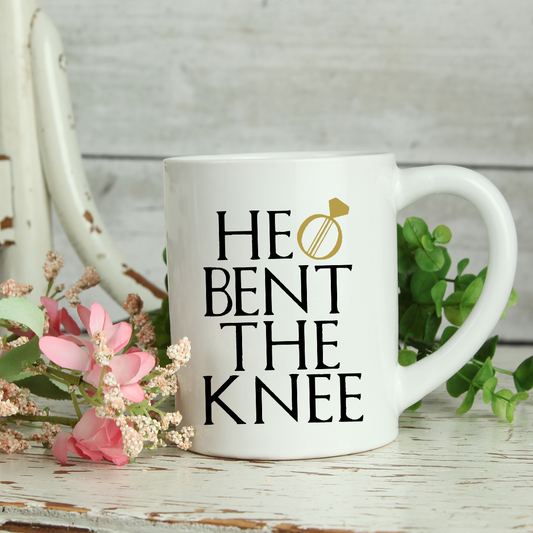 He bent the knee, funny engagement.... wedding mug/wedding present